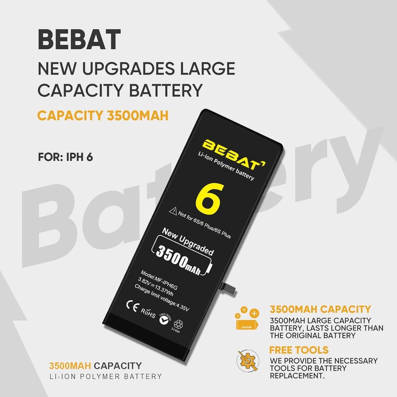 BEBAT Replacement for iPhone 6 Battery, 3500mAh High Capacity Li-ion Polymer Replacement Battery for Model A1586, A1589, A1549 with Professional Repair Tool Kits - Image 2